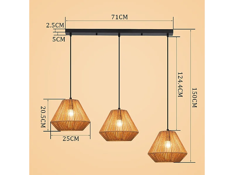 Nettlife Suspension Boho Rotin Table à Manger - Lampe 3 Lumières E27, Hauteur Réglable, Style Rétro, Salon Chambre (Sans Ampoule)