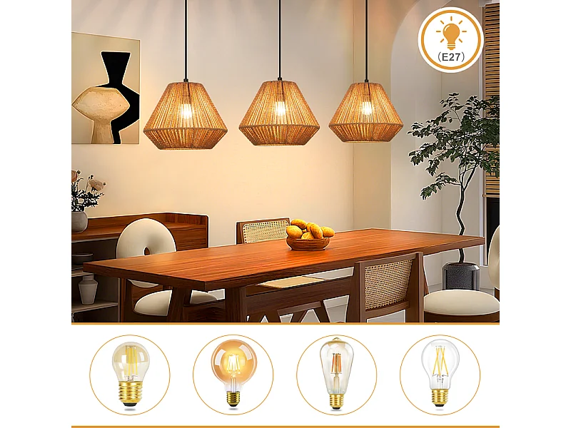 Nettlife Suspension Boho Rotin Table à Manger - Lampe 3 Lumières E27, Hauteur Réglable, Style Rétro, Salon Chambre (Sans Ampoule)