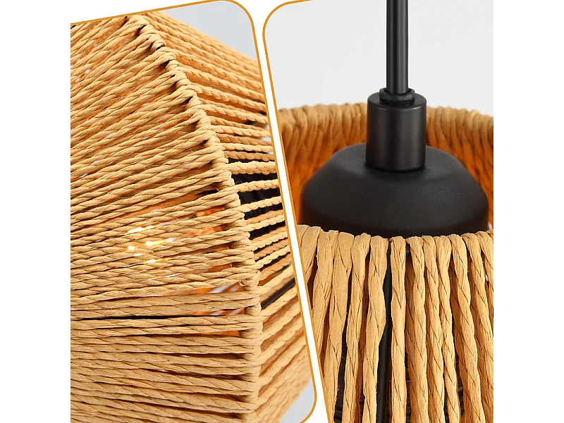 Nettlife Suspension Boho Rotin Table à Manger - Lampe 3 Lumières E27, Hauteur Réglable, Style Rétro, Salon Chambre (Sans Ampoule)