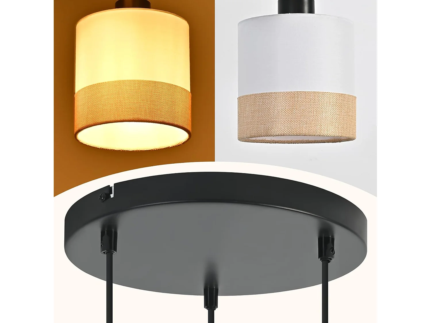 Nettlife Suspension vintage pour table à manger - Lampe suspendue à 3 lumières avec abat-jour en tissu blanc, culot E27, style rétro (Sans ampoules)