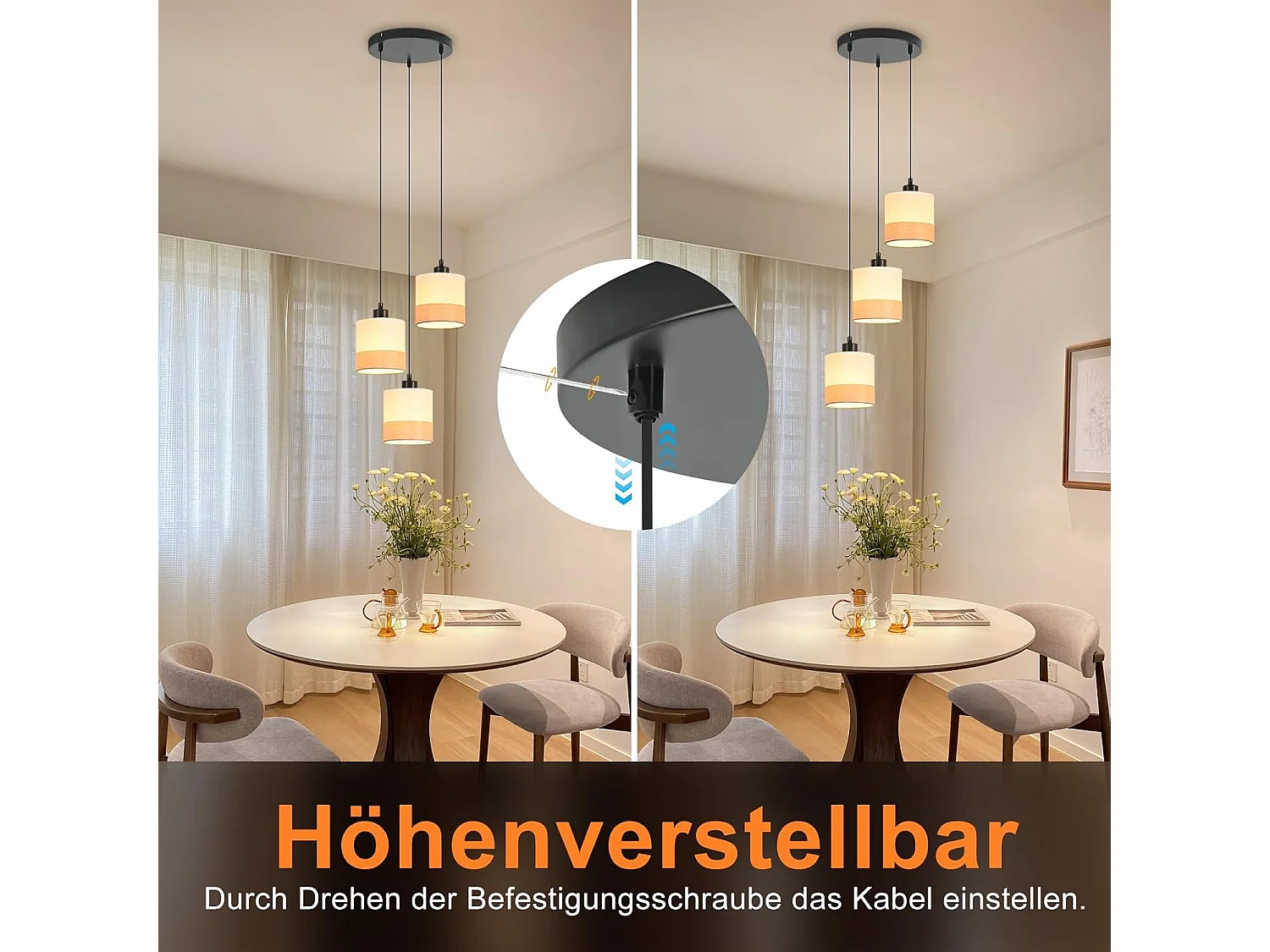 Nettlife Suspension vintage pour table à manger - Lampe suspendue à 3 lumières avec abat-jour en tissu blanc, culot E27, style rétro (Sans ampoules)