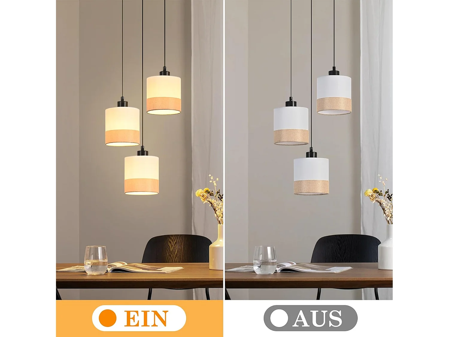 Nettlife Suspension vintage pour table à manger - Lampe suspendue à 3 lumières avec abat-jour en tissu blanc, culot E27, style rétro (Sans ampoules)