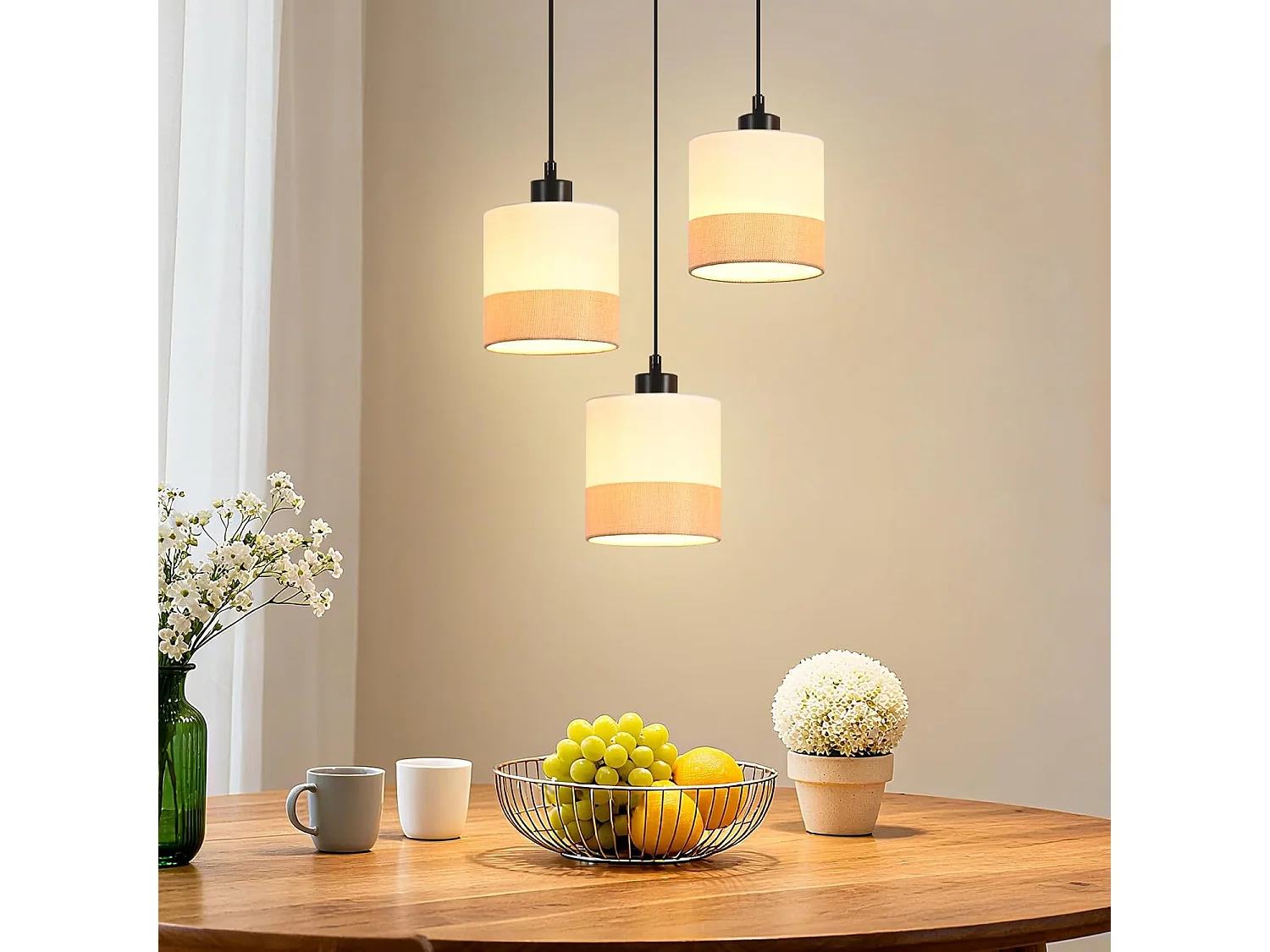 Nettlife Vintage Hanglamp voor de Eettafel - 3-lichts hanglamp met witte stoffen kap, E27 fitting, retrostijl (lampen niet inbegrepen)