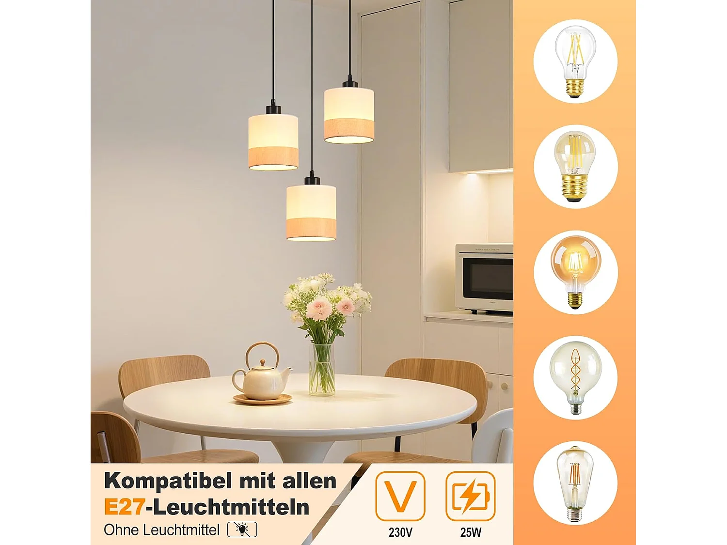 Nettlife Vintage Hanglamp voor de Eettafel - 3-lichts hanglamp met witte stoffen kap, E27 fitting, retrostijl (lampen niet inbegrepen)
