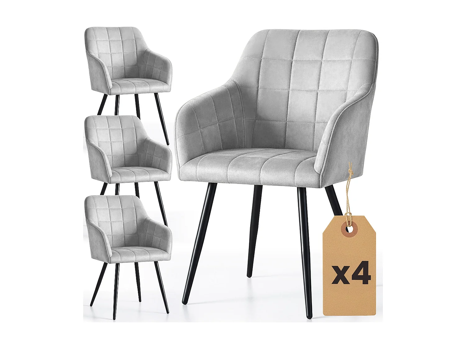 Set di 4 Sedie imbottite con cuciture quadrate LUXANO Grigio gambe nere