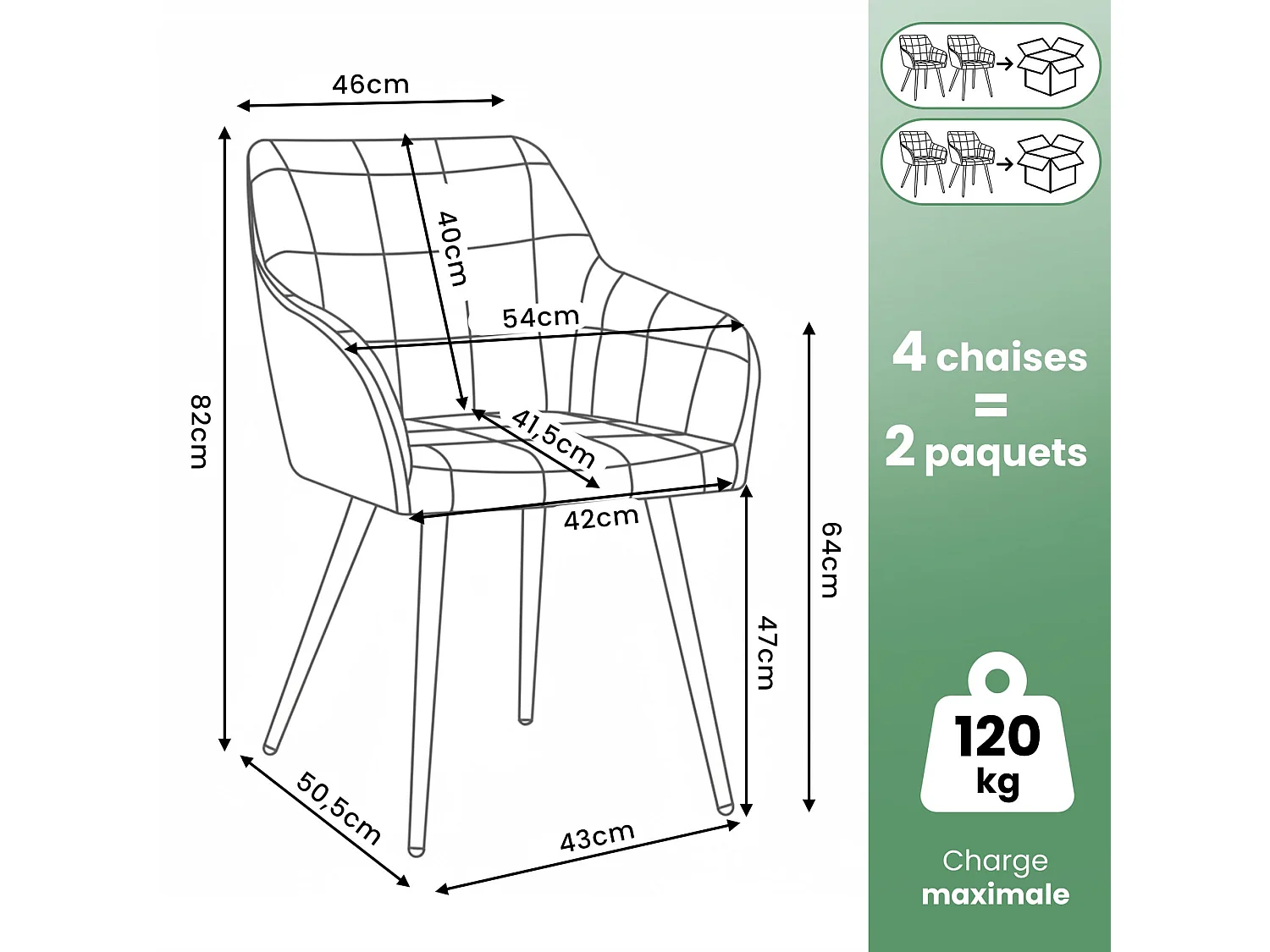Set di 4 Sedie imbottite con cuciture quadrate LUXANO Grigio gambe nere