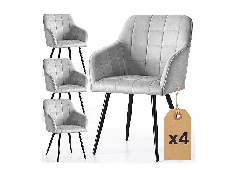 4er Set Polsterstühle mit quadratischen Ziernähten LUXANO Grau mit schwarzen Beinen