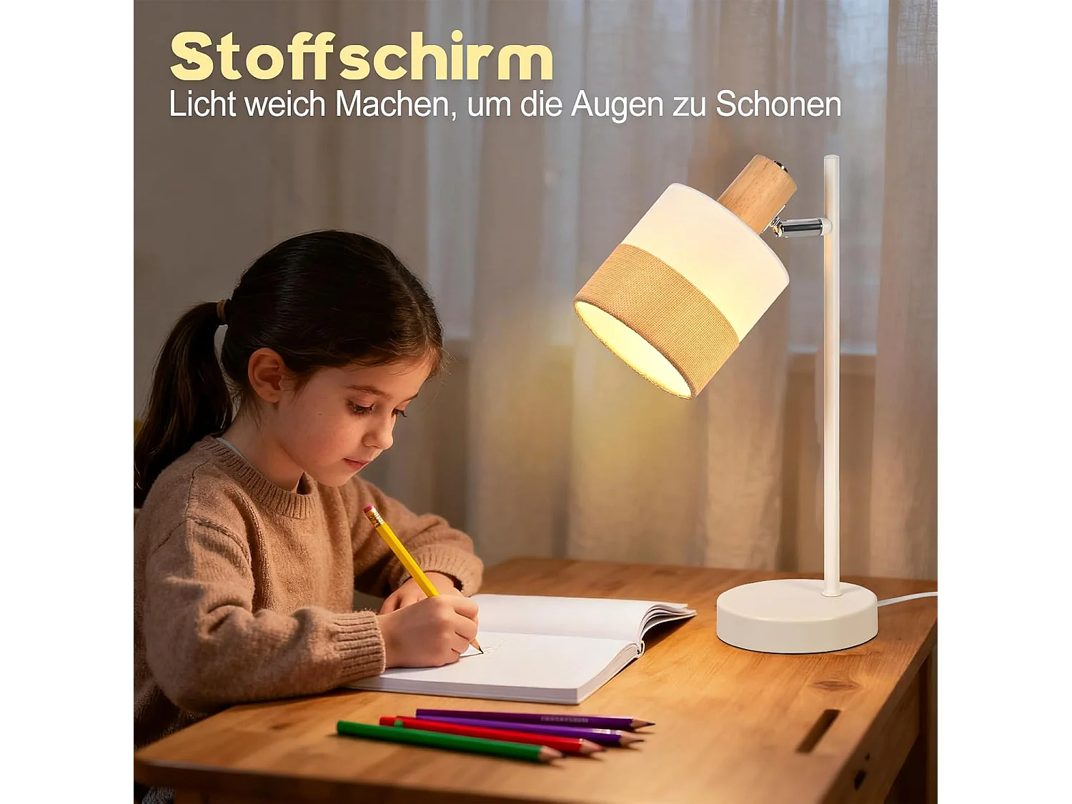 Nettlife Lampe de Table Vintage Bois - Lampe Chevet Tissu E14 Câble, Pivotante Rustique Rétro pour Chambre Bureau (Sans Ampoule)