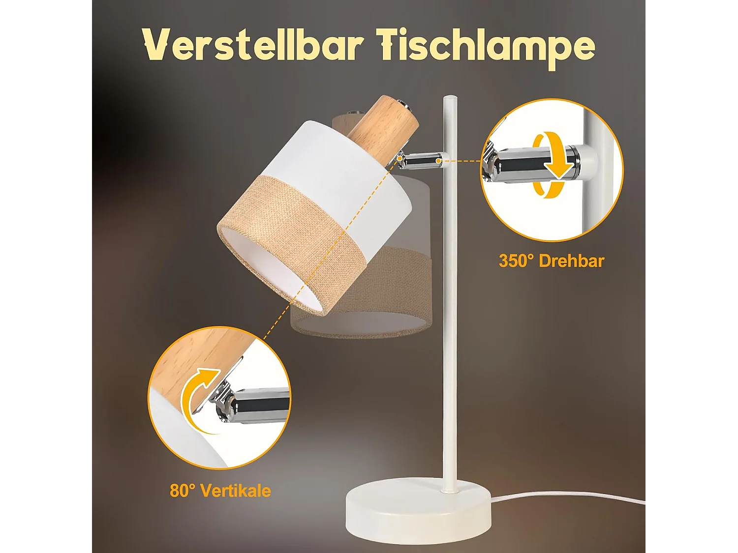 Nettlife Lampe de Table Vintage Bois - Lampe Chevet Tissu E14 Câble, Pivotante Rustique Rétro pour Chambre Bureau (Sans Ampoule)