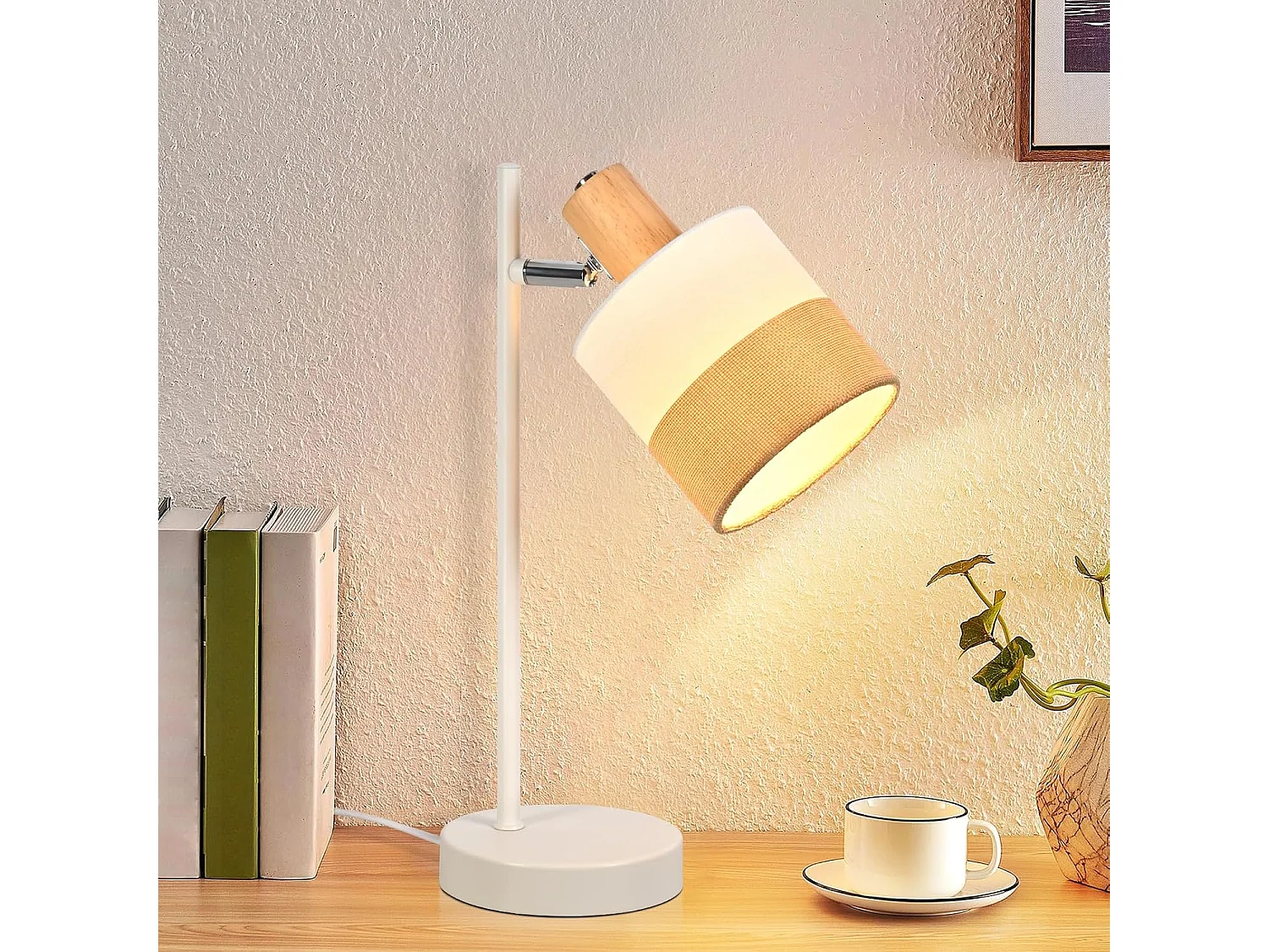 Nettlife Lampe de Table Vintage Bois - Lampe Chevet Tissu E14 Câble, Pivotante Rustique Rétro pour Chambre Bureau (Sans Ampoule)