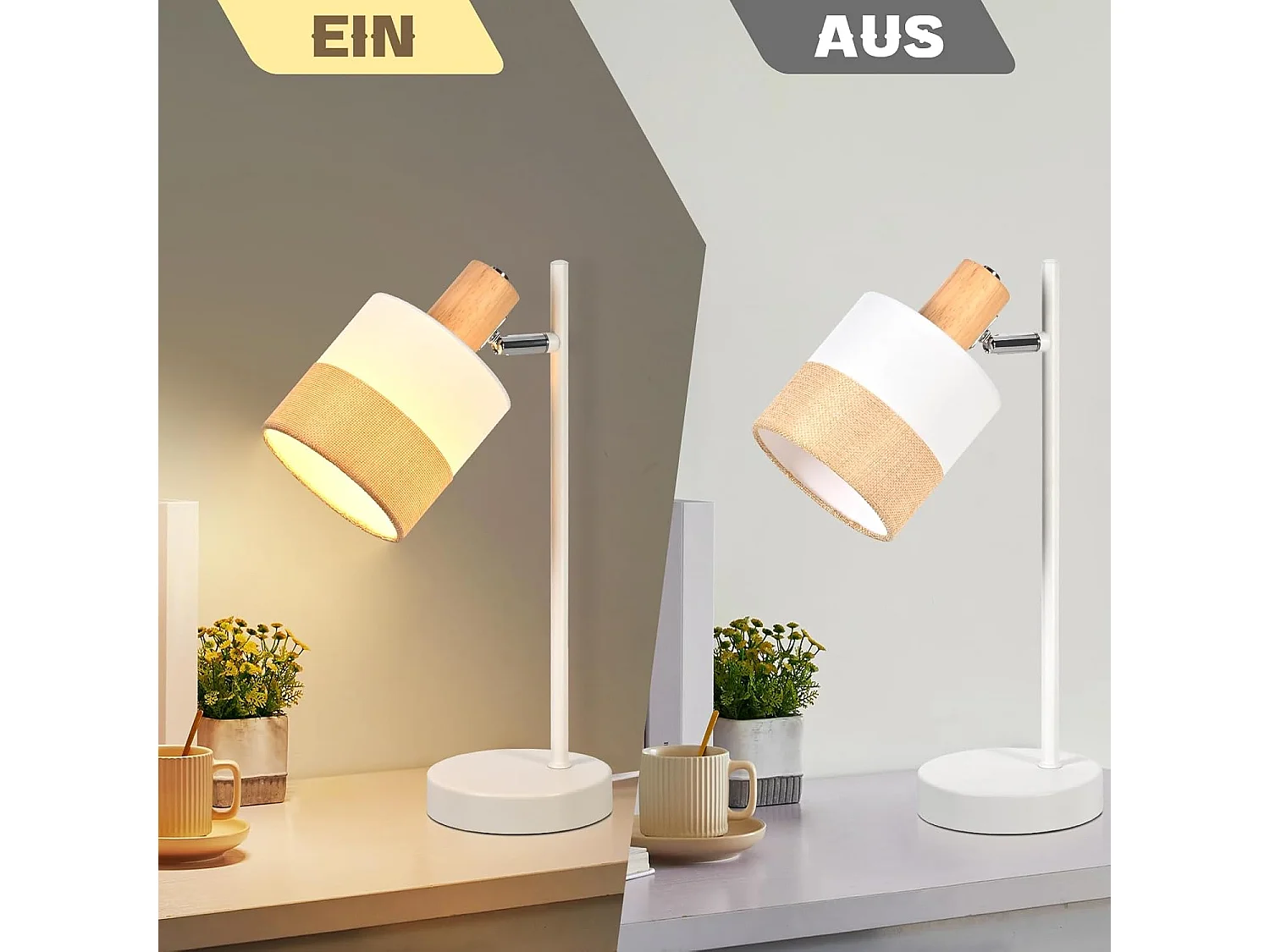 Nettlife Lampe de Table Vintage Bois - Lampe Chevet Tissu E14 Câble, Pivotante Rustique Rétro pour Chambre Bureau (Sans Ampoule)