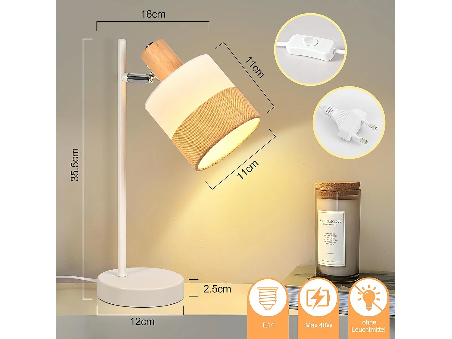 Nettlife Lampe de Table Vintage Bois - Lampe Chevet Tissu E14 Câble, Pivotante Rustique Rétro pour Chambre Bureau (Sans Ampoule)