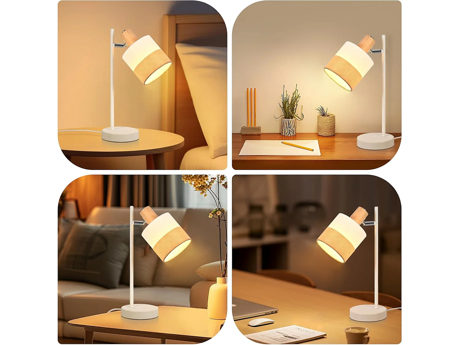 Nettlife Lampe de Table Vintage Bois - Lampe Chevet Tissu E14 Câble, Pivotante Rustique Rétro pour Chambre Bureau (Sans Ampoule)