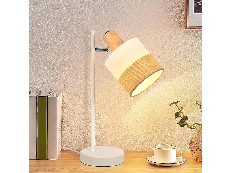 Nettlife Lampe de Table Vintage Bois - Lampe Chevet Tissu E14 Câble, Pivotante Rustique Rétro pour Chambre Bureau (Sans Ampoule)