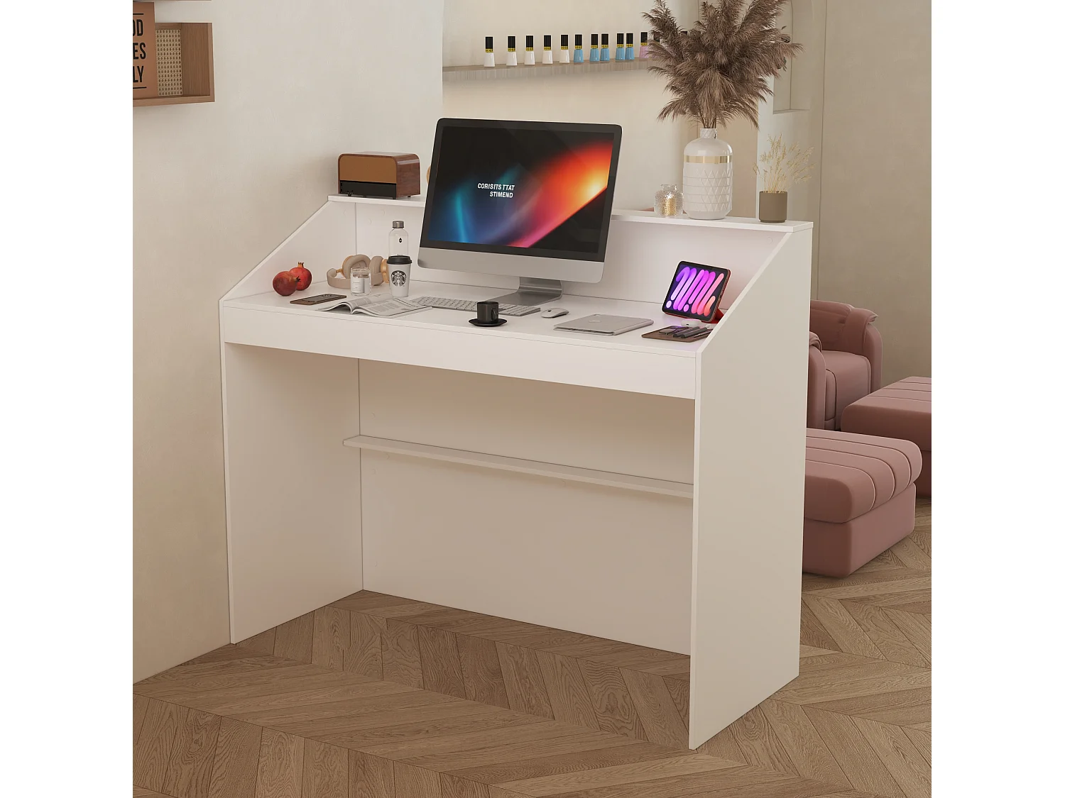 Comptoir de réception avec compartiments ouverts,Table de réception,étagères,Salon,Bureau,120x50x100cm,Blanc