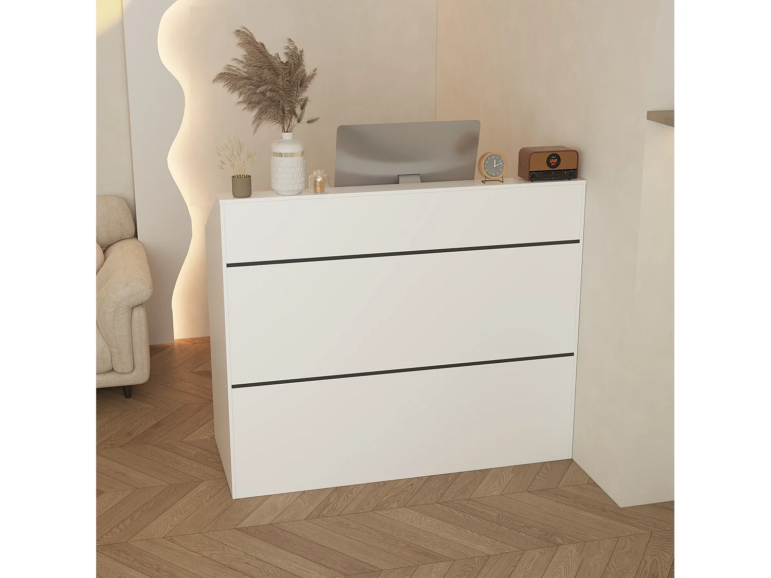 Comptoir de réception avec compartiments ouverts,Table de réception,étagères,Salon,Bureau,120x50x100cm,Blanc