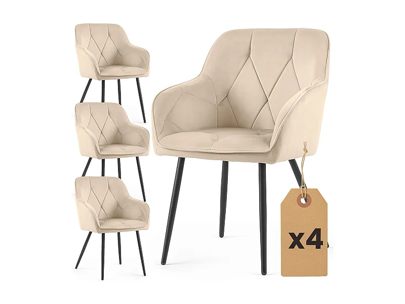 Lot de 4 Chaises en velours matelassées DIAMANTE Beige pieds noirs