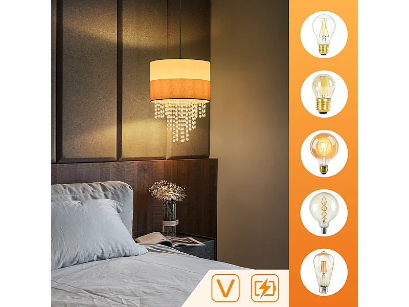 Nettlife Suspension Vintage Table à Manger - Lustre 1 Lampe Cristal Tissu E27, Luminaire Rétro Réglable pour Chambre (Sans Ampoule)