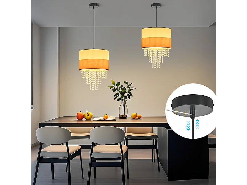 Nettlife Suspension Vintage Table à Manger - Lustre 1 Lampe Cristal Tissu E27, Luminaire Rétro Réglable pour Chambre (Sans Ampoule)