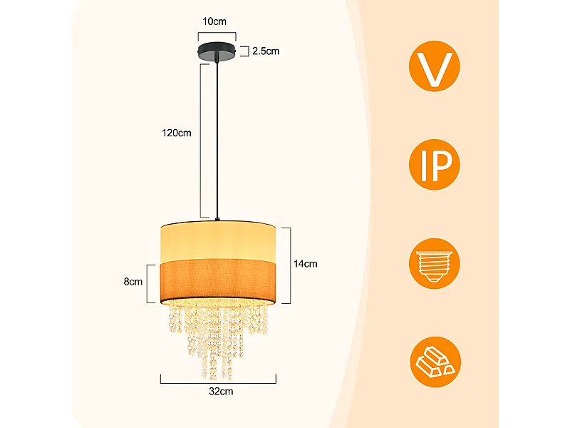 Nettlife Suspension Vintage Table à Manger - Lustre 1 Lampe Cristal Tissu E27, Luminaire Rétro Réglable pour Chambre (Sans Ampoule)