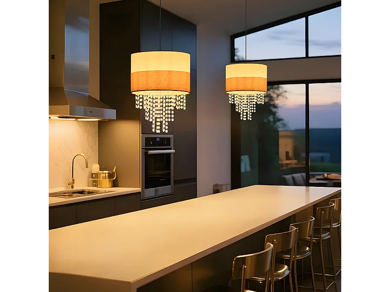 Nettlife Suspension Vintage Table à Manger - Lustre 1 Lampe Cristal Tissu E27, Luminaire Rétro Réglable pour Chambre (Sans Ampoule)