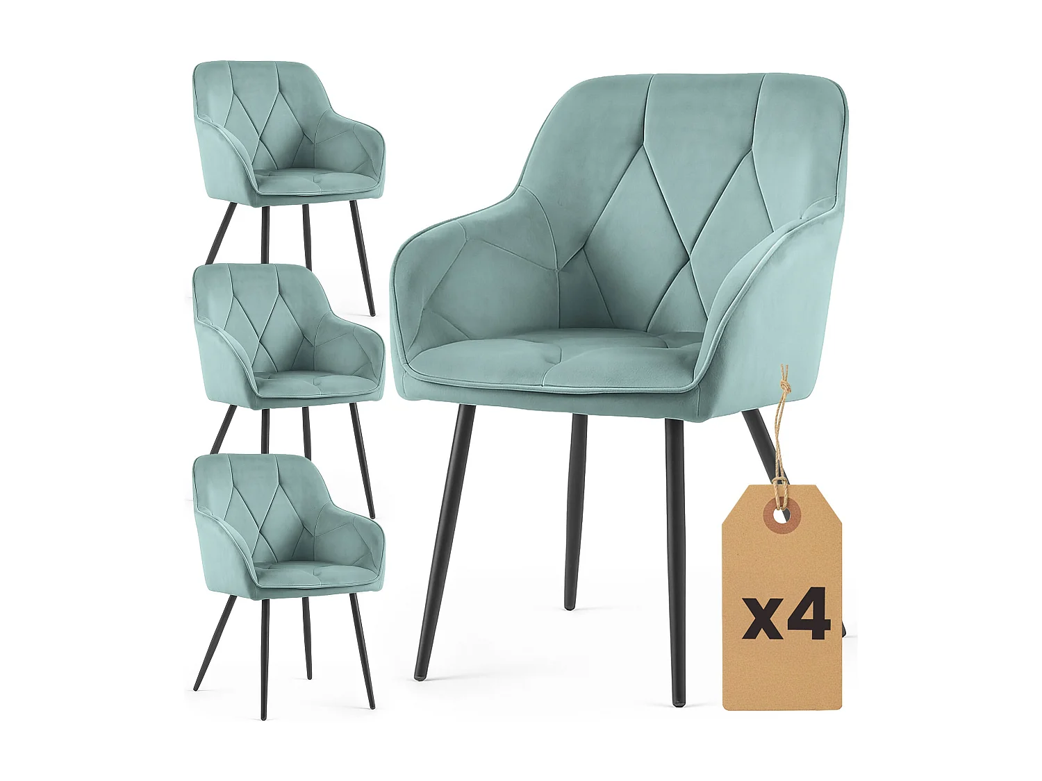 Set van 4 Eetkamerstoelen DIAMANTE met Armleuningen / Gestoffeerde Stoelen / Fluwelen Stoelen en Metalen Poten / Turkooizen kleur met zwarte benen