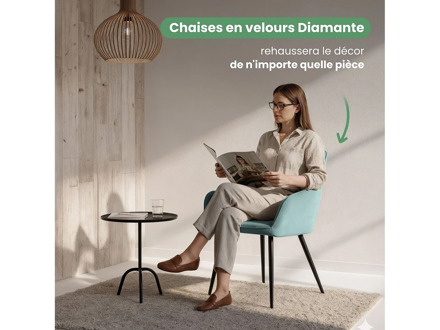 Set van 4 Eetkamerstoelen DIAMANTE met Armleuningen / Gestoffeerde Stoelen / Fluwelen Stoelen en Metalen Poten / Turkooizen kleur met zwarte benen