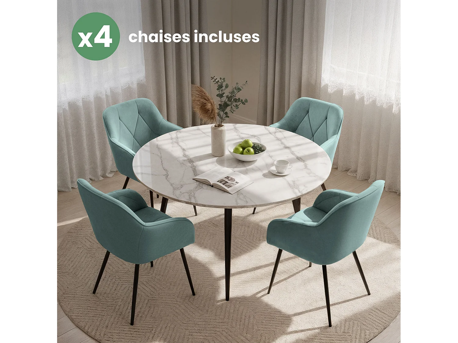 Set van 4 Eetkamerstoelen DIAMANTE met Armleuningen / Gestoffeerde Stoelen / Fluwelen Stoelen en Metalen Poten / Turkooizen kleur met zwarte benen