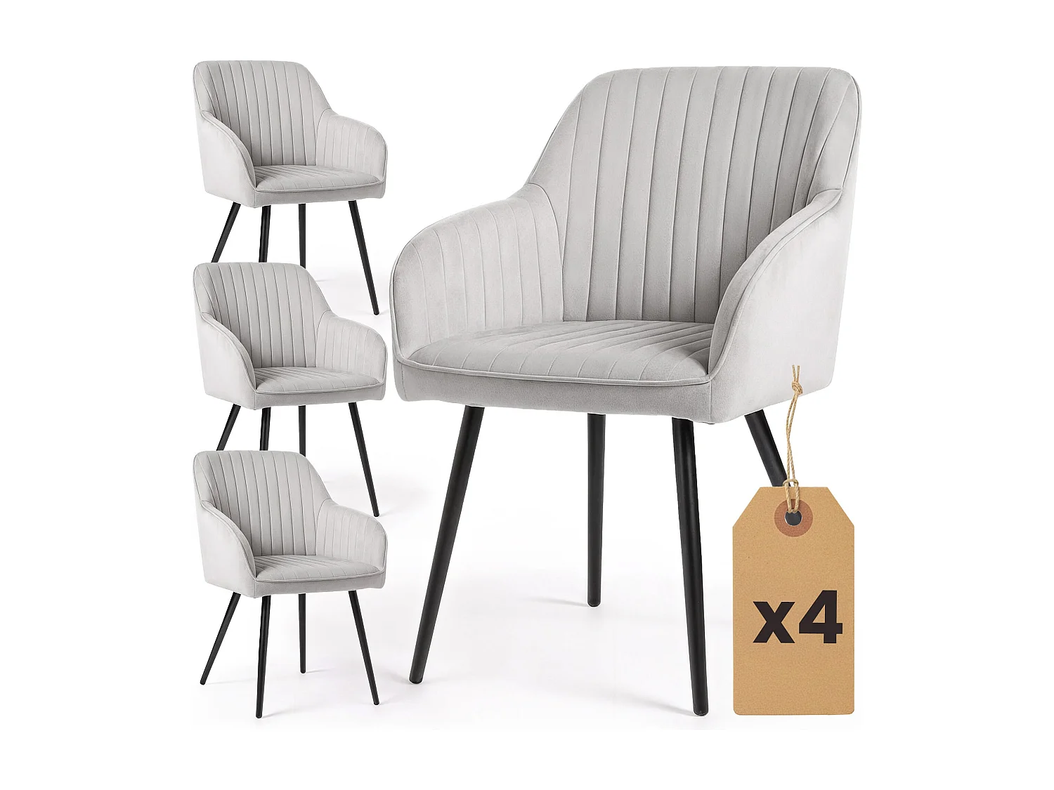 Set di 4 Sedie in velluto con cuciture verticali FLORENCE Grigio gambe nere