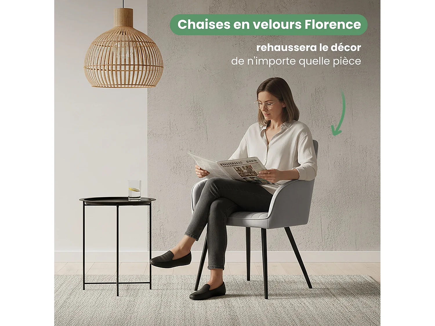 Set di 4 Sedie in velluto con cuciture verticali FLORENCE Grigio gambe nere