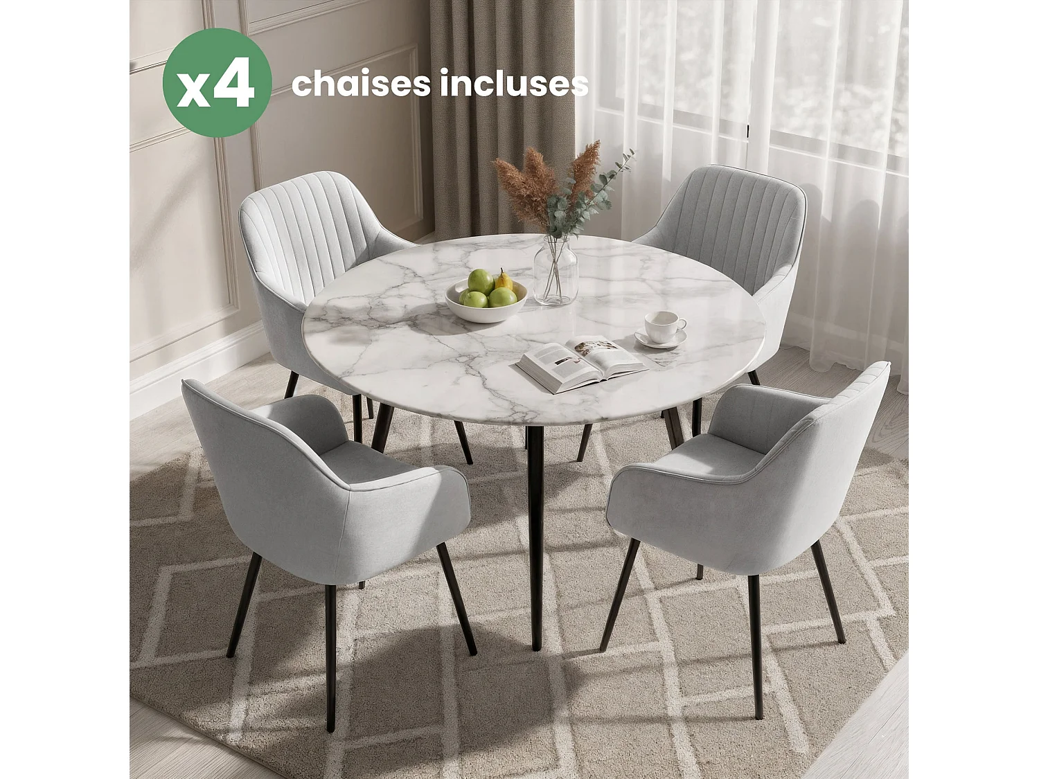 Set di 4 Sedie in velluto con cuciture verticali FLORENCE Grigio gambe nere