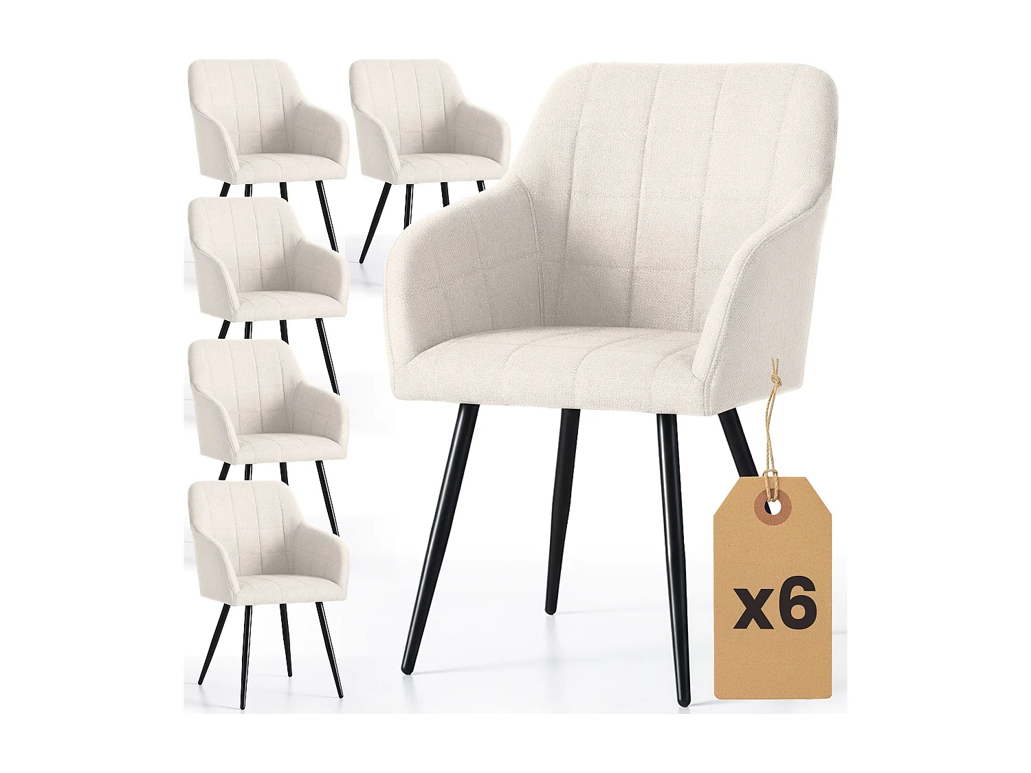 Juego de 6 sillas acolchadas LUXANO Crema patas negras tejido Lumos