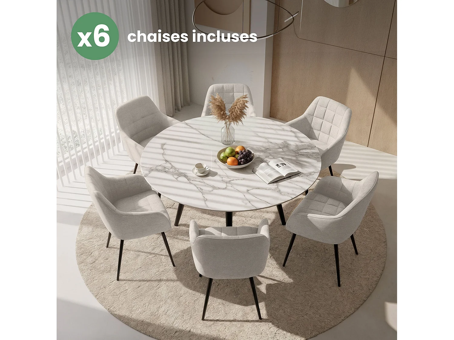 Juego de 6 sillas acolchadas LUXANO Crema patas negras tejido Lumos