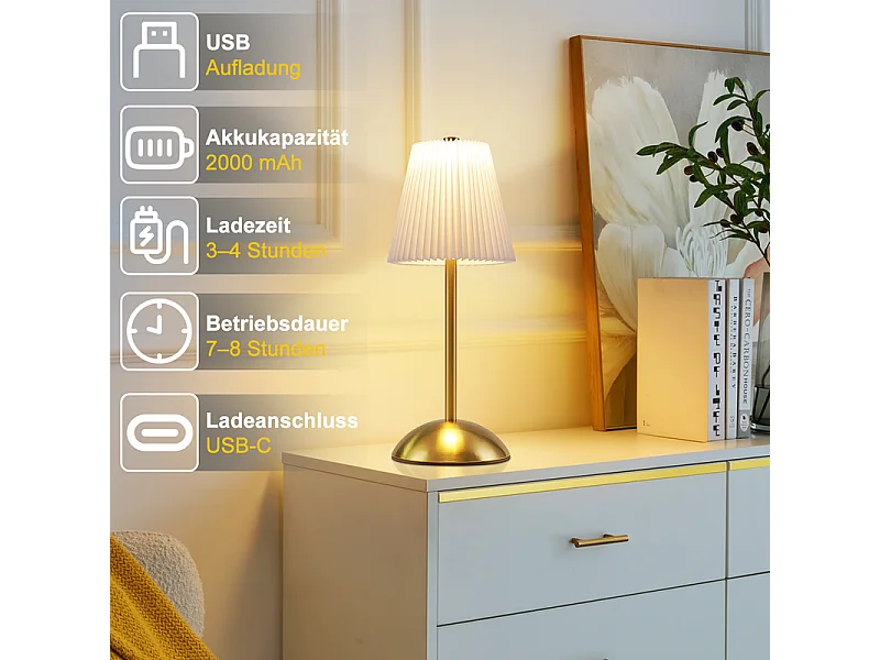 Nettlife Kabellose Tischlampen, 2er-Set – Dimmbare Touch-LED-Nachttischlampe, USB-aufladbar, Stoffschirm, modernes Design fürs Schlafzimmer