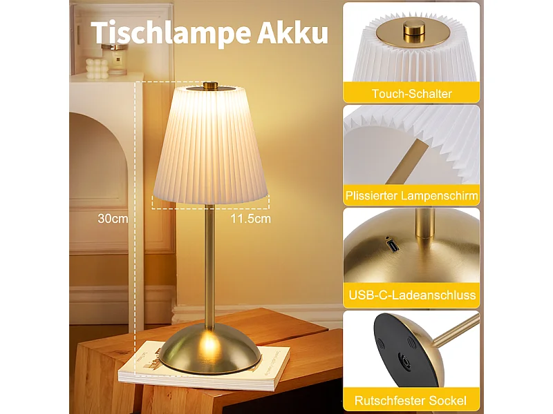 Nettlife Kabellose Tischlampen, 2er-Set – Dimmbare Touch-LED-Nachttischlampe, USB-aufladbar, Stoffschirm, modernes Design fürs Schlafzimmer