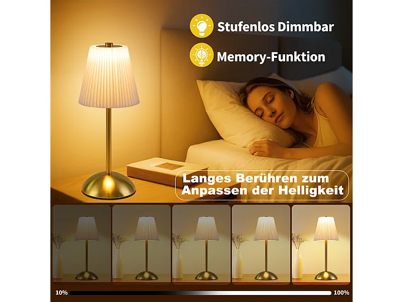Nettlife Kabellose Tischlampen, 2er-Set – Dimmbare Touch-LED-Nachttischlampe, USB-aufladbar, Stoffschirm, modernes Design fürs Schlafzimmer