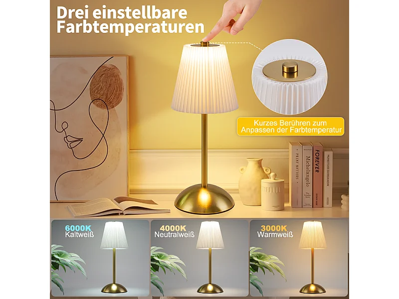 Nettlife Kabellose Tischlampen, 2er-Set – Dimmbare Touch-LED-Nachttischlampe, USB-aufladbar, Stoffschirm, modernes Design fürs Schlafzimmer