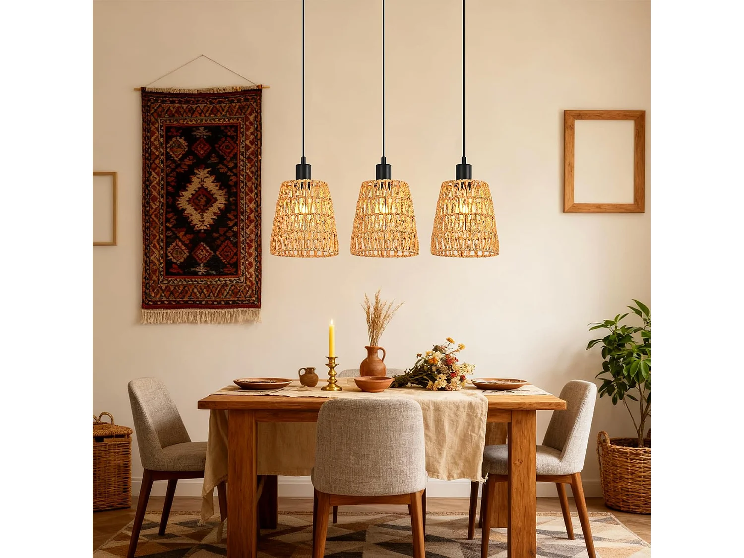 Nettlife Boho Rotan Hanglamp met 3 Lampen - Vintage Gevlochten Hennep Touw Kroonluchter E27 - Keuken/Eetkamer Verlichting (Lampen Niet Inbegrepen)