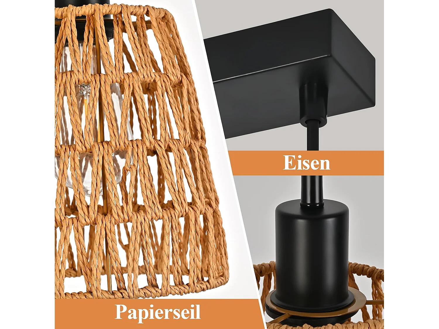 Nettlife Boho Rotan Hanglamp met 3 Lampen - Vintage Gevlochten Hennep Touw Kroonluchter E27 - Keuken/Eetkamer Verlichting (Lampen Niet Inbegrepen)