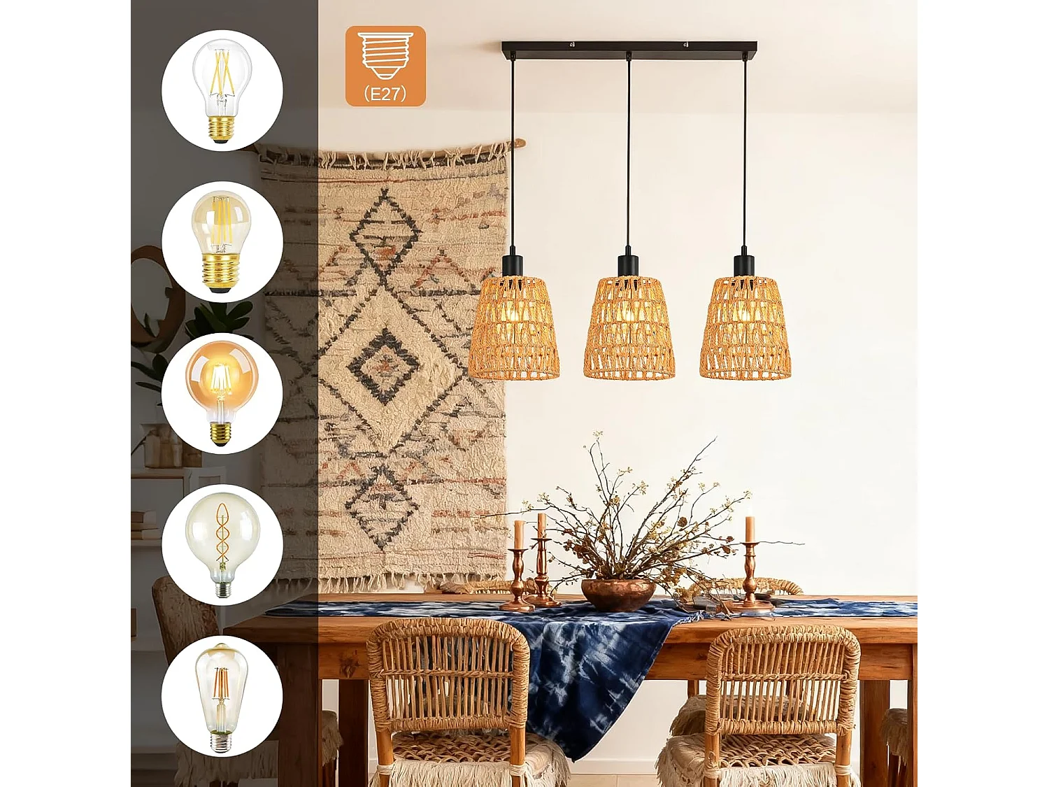 Nettlife Boho Rotan Hanglamp met 3 Lampen - Vintage Gevlochten Hennep Touw Kroonluchter E27 - Keuken/Eetkamer Verlichting (Lampen Niet Inbegrepen)