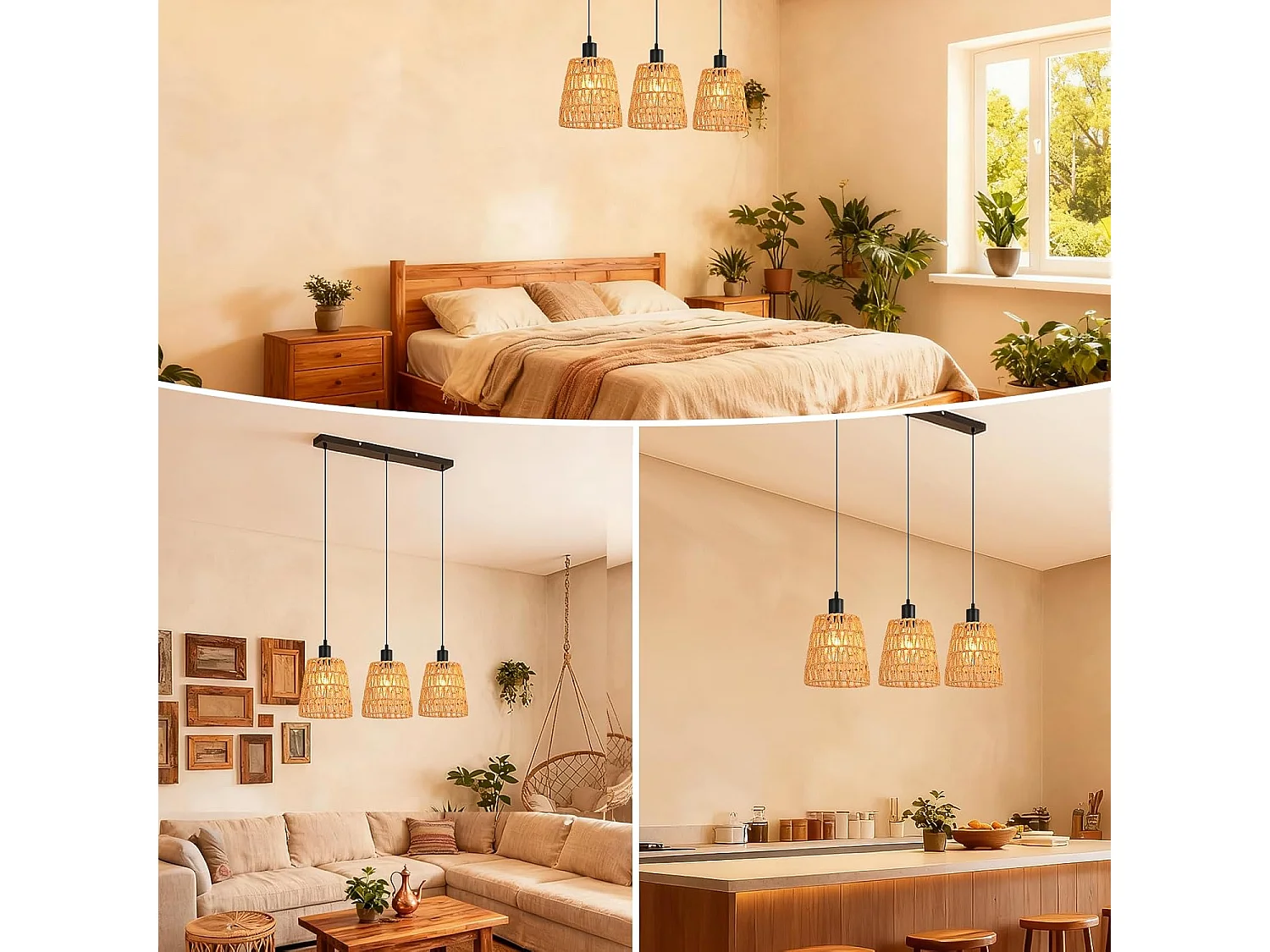 Nettlife Boho Rotan Hanglamp met 3 Lampen - Vintage Gevlochten Hennep Touw Kroonluchter E27 - Keuken/Eetkamer Verlichting (Lampen Niet Inbegrepen)