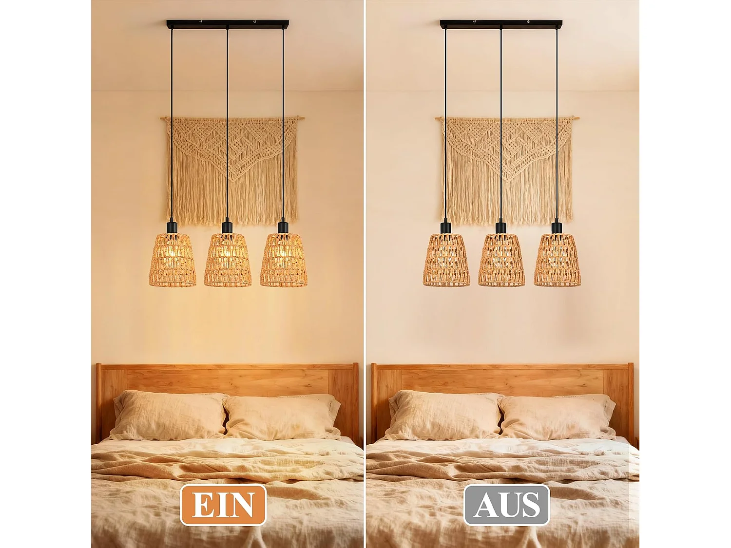 Nettlife Boho Rotan Hanglamp met 3 Lampen - Vintage Gevlochten Hennep Touw Kroonluchter E27 - Keuken/Eetkamer Verlichting (Lampen Niet Inbegrepen)