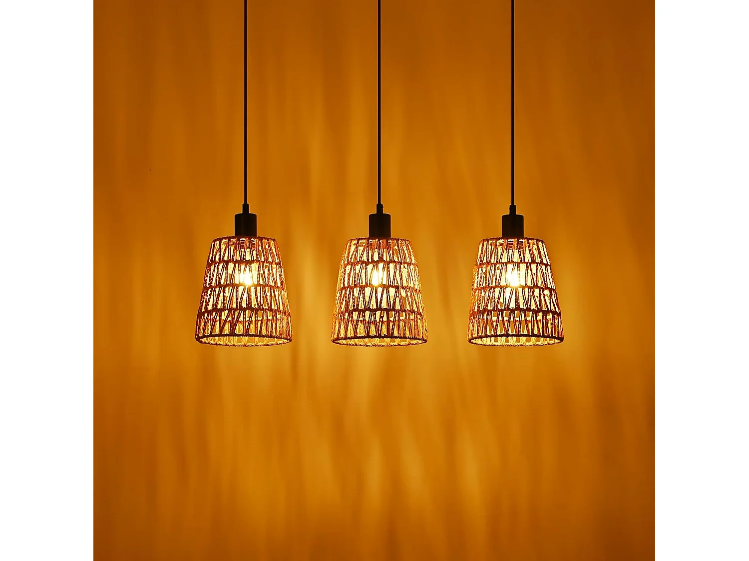 Nettlife Boho Rotan Hanglamp met 3 Lampen - Vintage Gevlochten Hennep Touw Kroonluchter E27 - Keuken/Eetkamer Verlichting (Lampen Niet Inbegrepen)