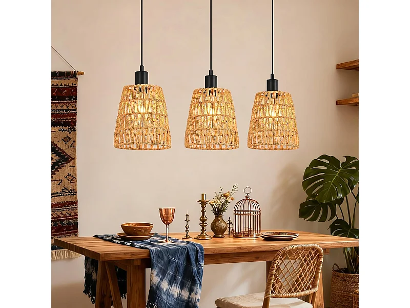 Nettlife Boho Rotan Hanglamp met 3 Lampen - Vintage Gevlochten Hennep Touw Kroonluchter E27 - Keuken/Eetkamer Verlichting (Lampen Niet Inbegrepen)