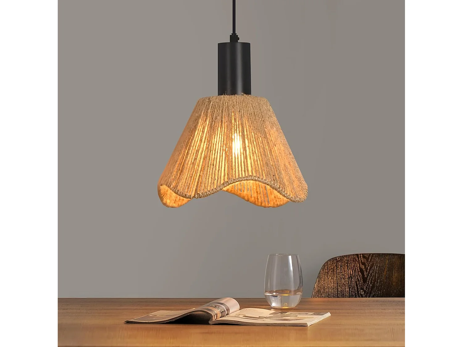 Nettlife Boho Rotan Hanglamp 1 Licht - Vintage Gevlochten Eetkamerlamp, Henneptouw E27 voor Eetkamer (Lamp niet inbegrepen)