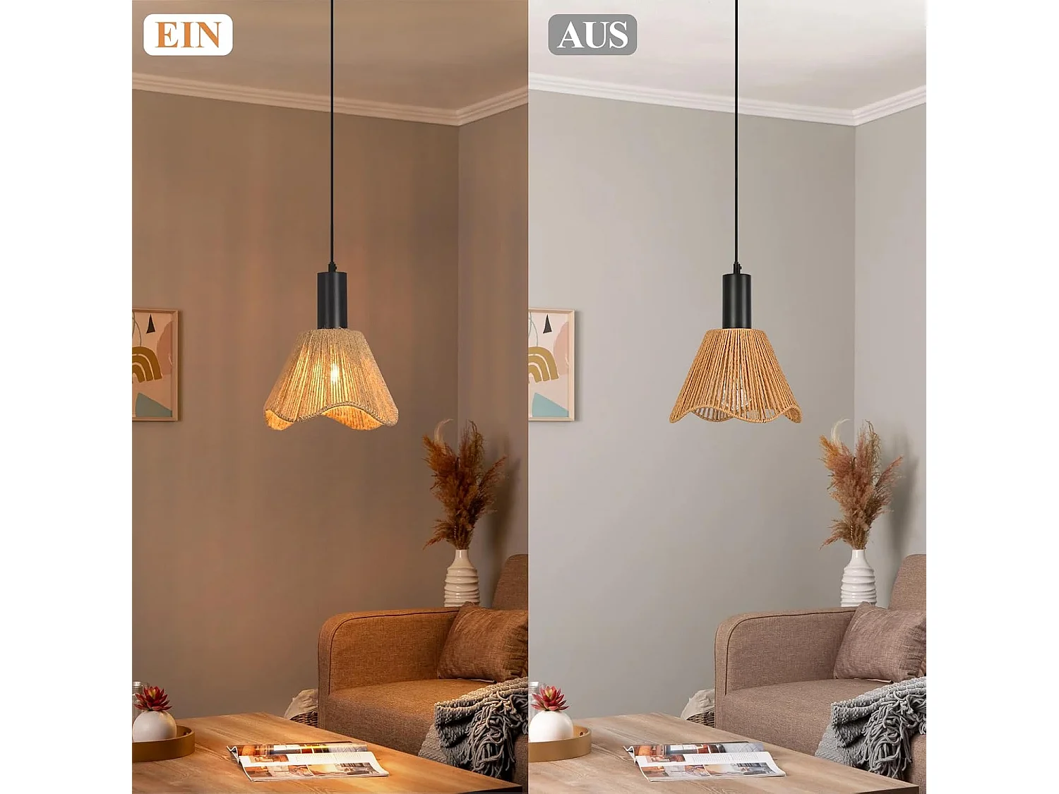 Nettlife Boho Rotan Hanglamp 1 Licht - Vintage Gevlochten Eetkamerlamp, Henneptouw E27 voor Eetkamer (Lamp niet inbegrepen)