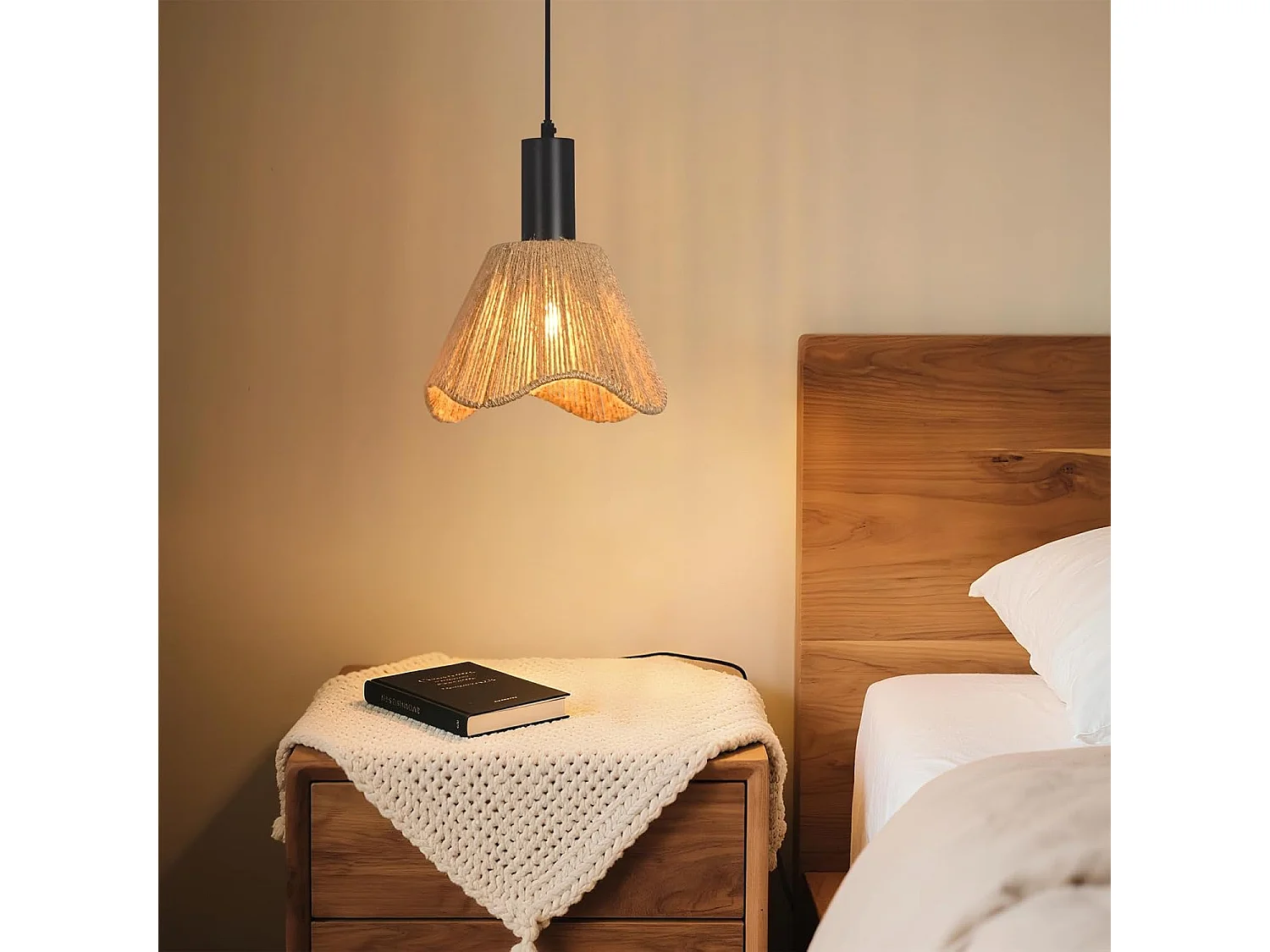 Nettlife Suspension Rotin Boho 1 Lumière - Lampe à Manger Vintage Tressée, Corde Chanvre E27 pour Salle à Manger (Sans Ampoule)