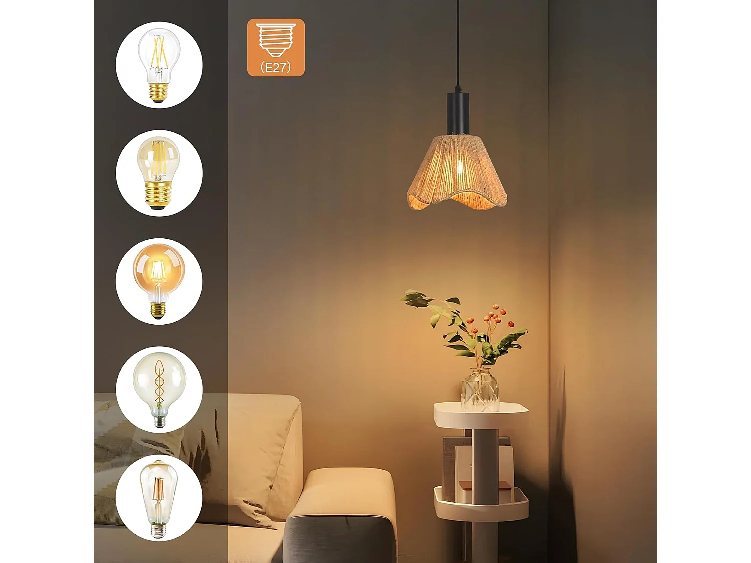 Nettlife Suspension Rotin Boho 1 Lumière - Lampe à Manger Vintage Tressée, Corde Chanvre E27 pour Salle à Manger (Sans Ampoule)