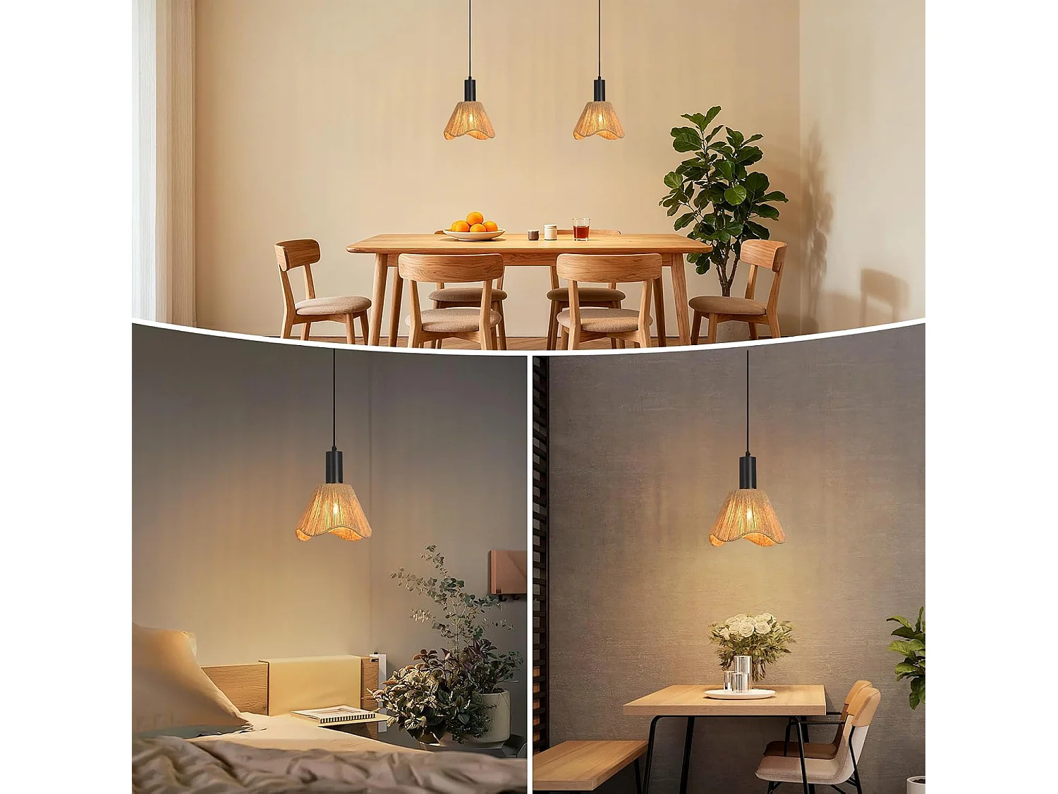 Nettlife Suspension Rotin Boho 1 Lumière - Lampe à Manger Vintage Tressée, Corde Chanvre E27 pour Salle à Manger (Sans Ampoule)