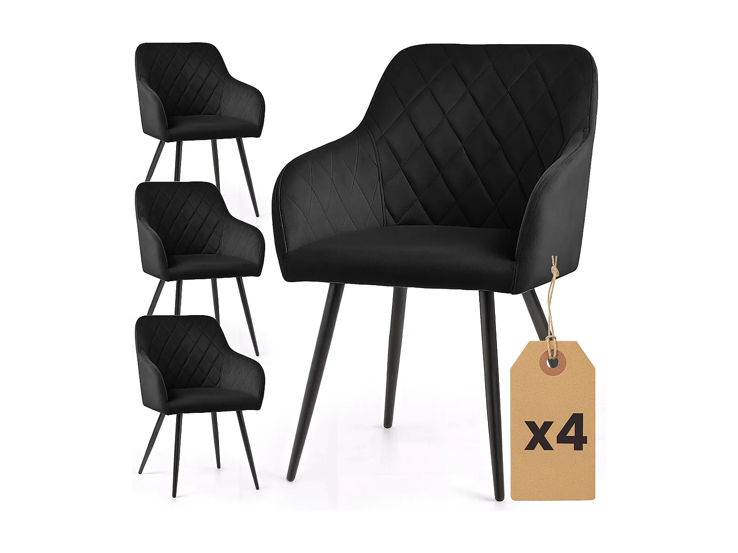 Set van 4 Eetkamerstoelen VELTO met Armleuningen / Gestoffeerde Stoelen / Fluwelen Stoelen en Metalen Poten / Zwart met zwarte benen